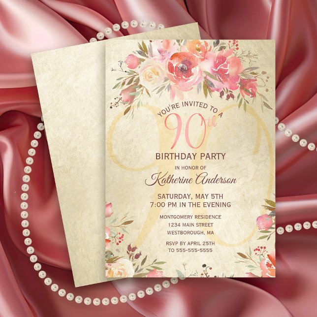 Convites 90 Birthday Floral Pink Roses Douradas Shimmer Par (Elegant 90th Birthday Party Invitation with pink roses and gold shimmer.)