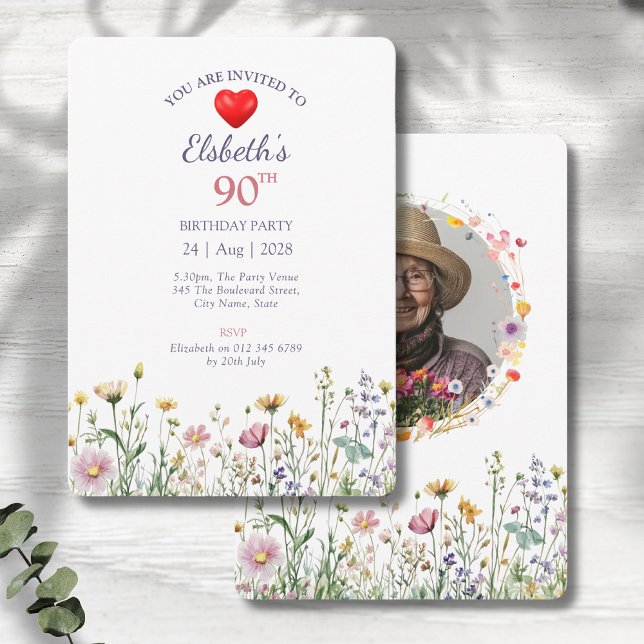 Convites 90 Birthday Garden Floral Wild Meadow Photo (90th birthday floral birthday party invitations with photo on a grey wood background)