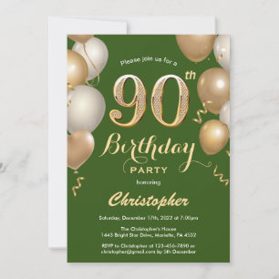 Convites 90 Birthday Green e Dourados Balões Confetti