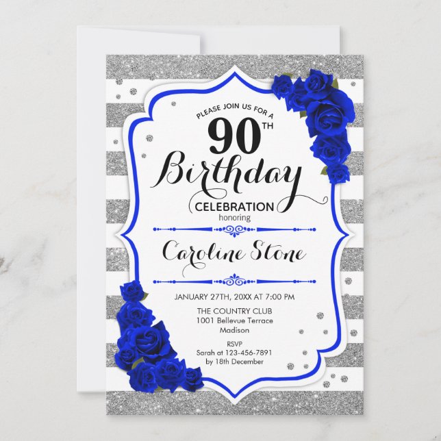 Convites 90 Birthday - Greve Branca de Prata Azul Real (Frente)