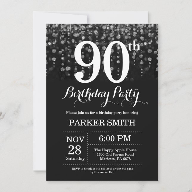 Convites 90 Birthday Invitation Silver Glitter (Frente)