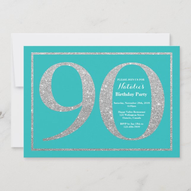 Convites 90 Birthday Invitation Teal and Silver Glitter (Frente)