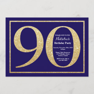 Convites 90 Birthday Marinho Azul e Dourado Brilho