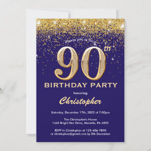 Convites 90 Birthday Marinho Azul e Dourado Glitter Confett