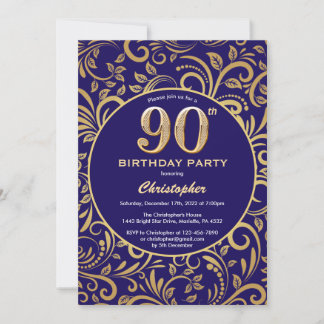 Convites 90 Birthday Marinho Azul e Dourado Padrão Floral