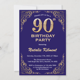 Convites 90 Birthday Marinho Azul e Dourado Quadro Glitter