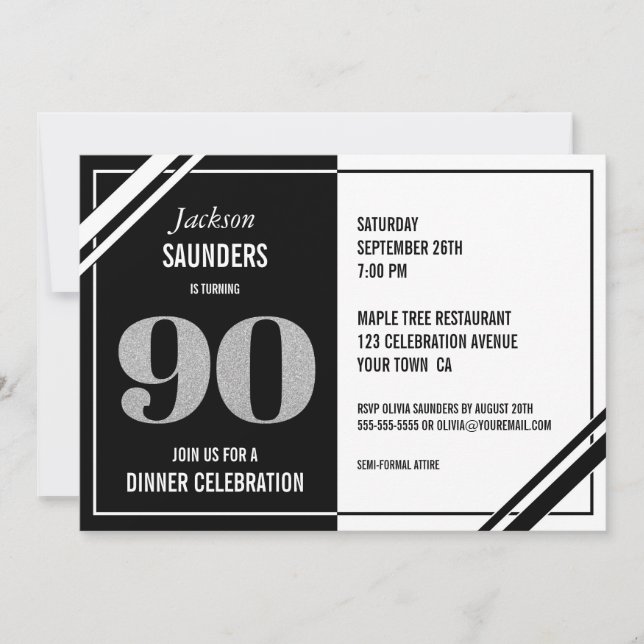 Convites 90 Birthday Modern Black and White Jantar Party (Frente)