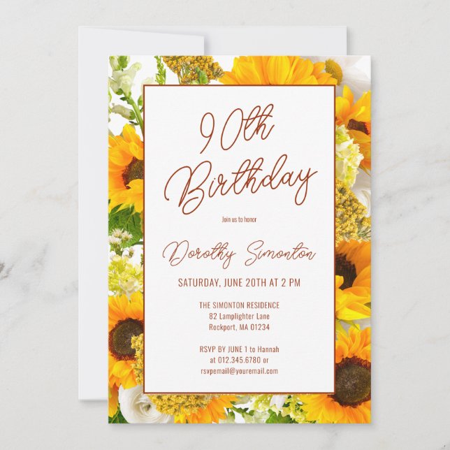 Convites 90 Birthday Modern Sunflower Floral (Frente)