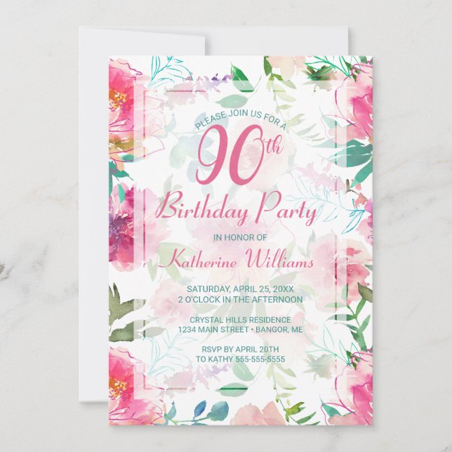 Convites 90 Birthday - Partido Tropical Floral Rosa (Frente)