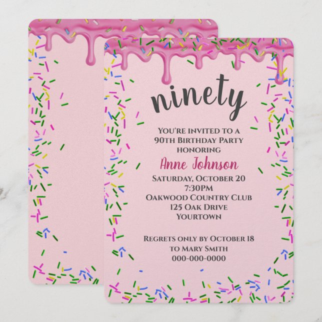 Convites 90 Birthday Pink Iching E Sprinkles (Frente/Verso)