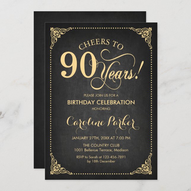 Convites 90 Birthday - Quadro Dourado (Frente/Verso)