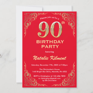 Convites 90 Birthday Red and Dourado Glitter Frame