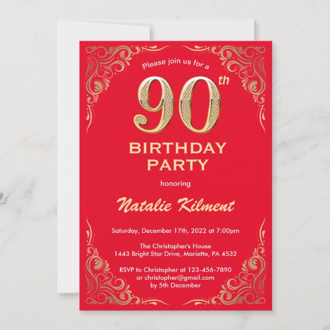 Convites 90 Birthday Red and Dourado Glitter Frame (Frente)