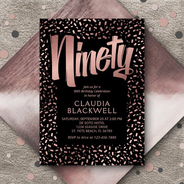 Convites 90 Birthday Rosa Dourada Confetti (Criador carregado)