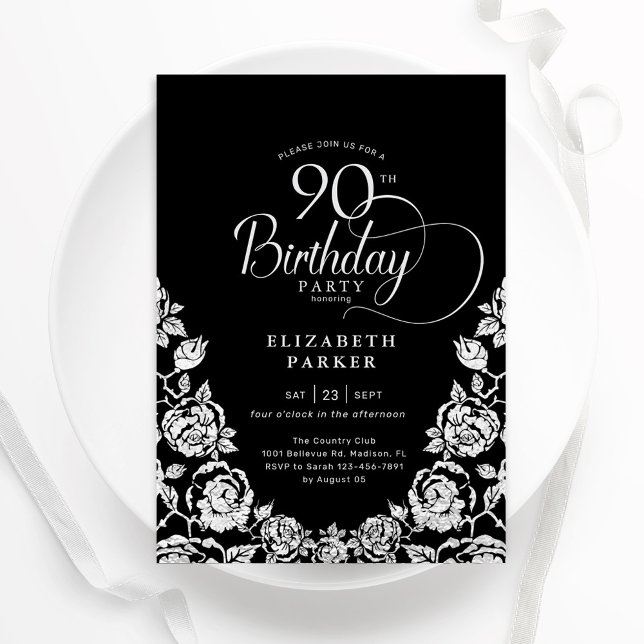 Convites 90 Birthday Rosas de Prata Negra (Criador carregado)
