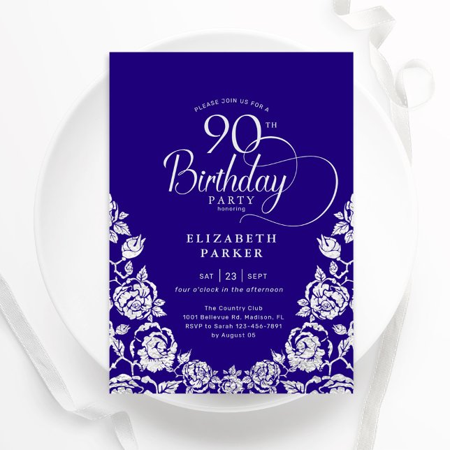 Convites 90 Birthday Rosas de Prata Roxo (Criador carregado)