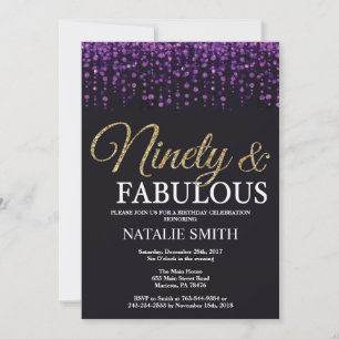 Convites 90 Birthday Roxo e Dourada Glitter