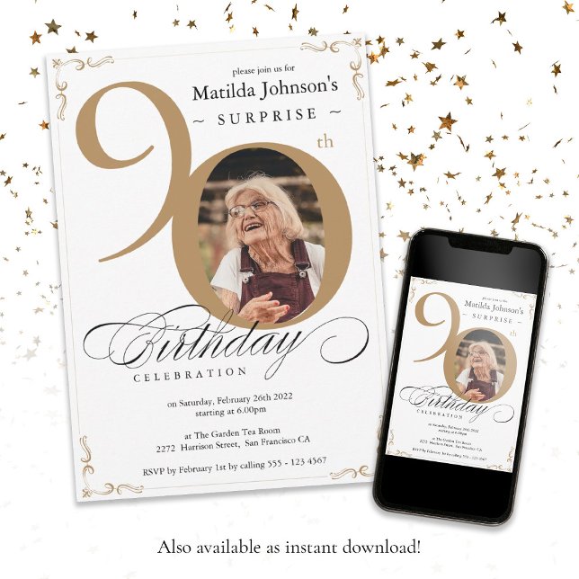 Convites 90 Birthday Surpresa Dourada Foto Elegante branca (90th Birthday Surprise Gold white Elegant Photo Invitation)