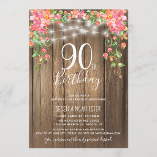 Convites 90 Birthday Surprise Brunch Rustic Floral Wood