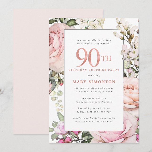 Convites 90 Birthday Surprise Party Blush Pink Floral (Frente/Verso)
