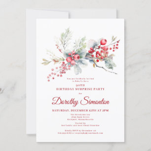 Convites 90 Birthday Surprise Party Greenery Red Berry
