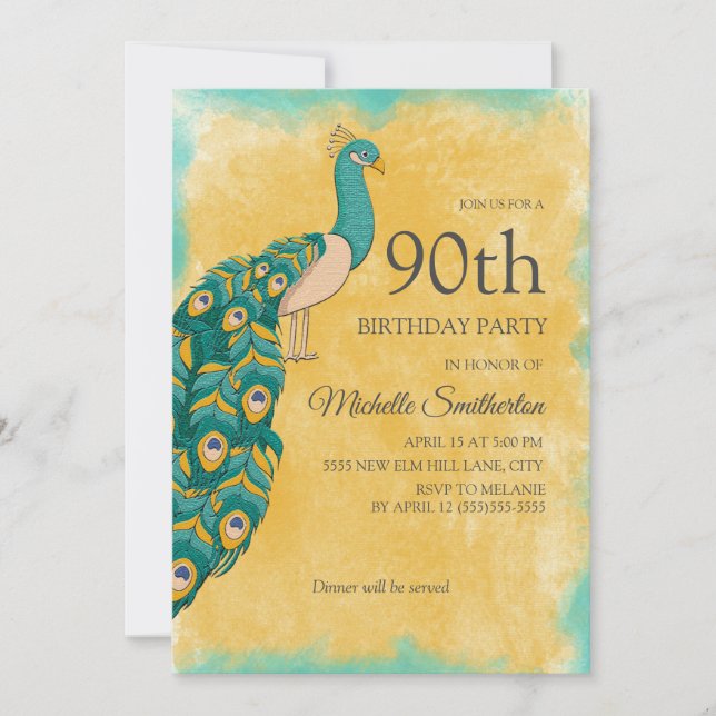 Convites 90 Birthday Teal Yellow Watercolor Peacock (Frente)
