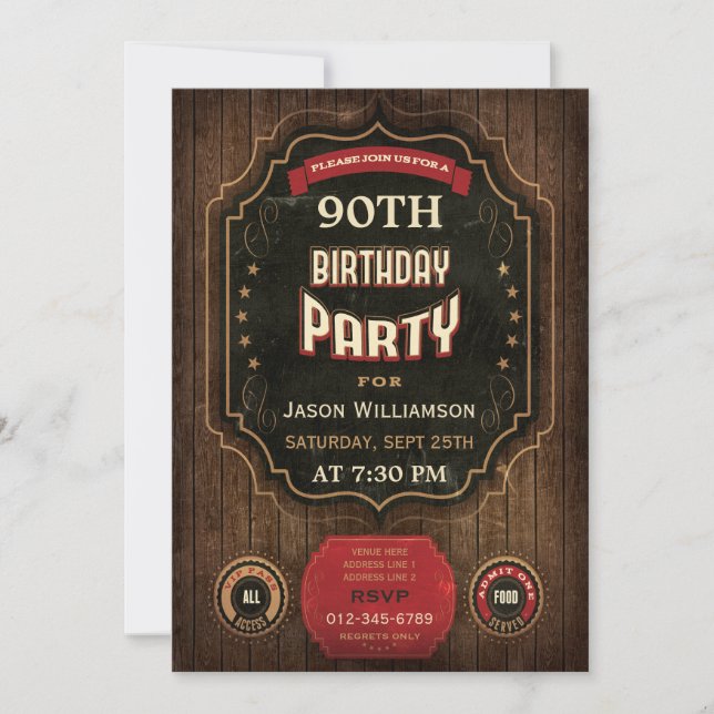 Convites 90 Birthday Vintage Chalkboard & Wood (Frente)