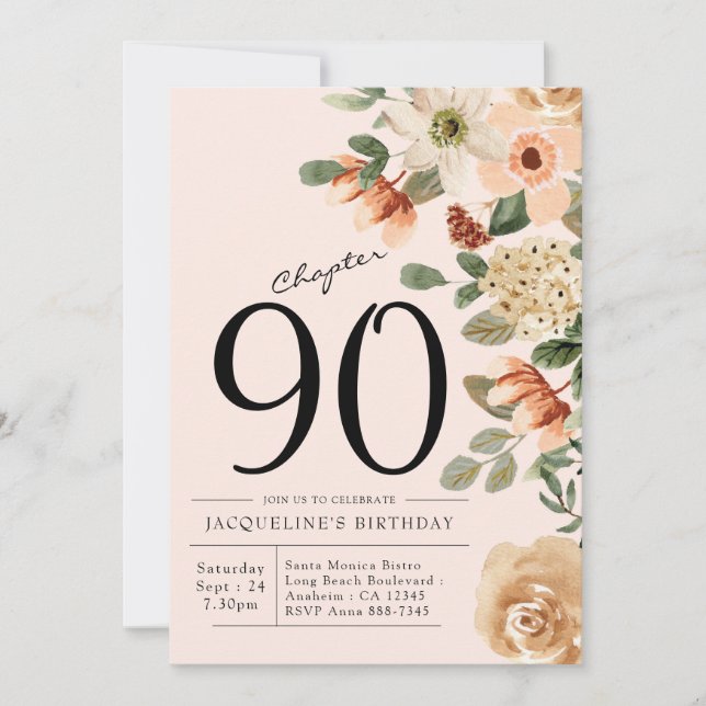 Convites 90 Birthday Vintage Floral (Frente)