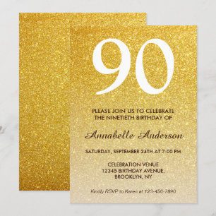 Convites 90 Birthday Yellow Dourado Glitter Sparkle Ombre