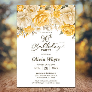 Convites 90 Birthday Yellow Rose Party Floral