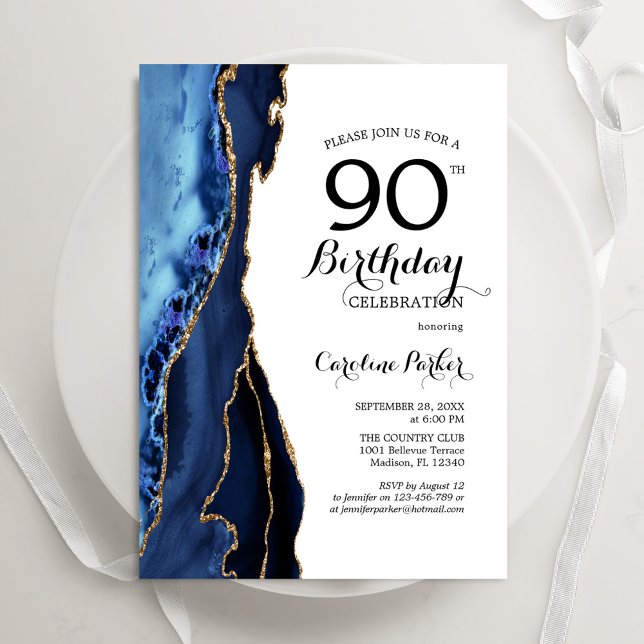 Convites 90 Branco Dourado de Agate Azul marinho Aniversári (Criador carregado)