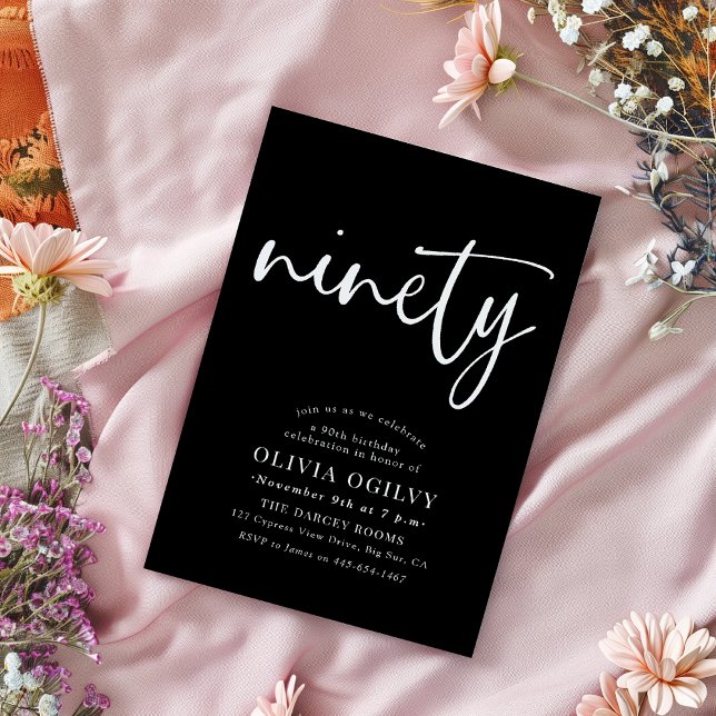 Convites 90 Branco sobre Script Moderno da Festa de anivers (Criador carregado)