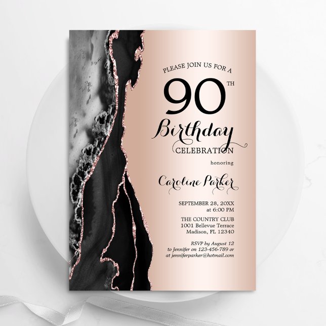 Convites 90 de Ágata Negra rosa Dourada - Aniversário (Criador carregado)