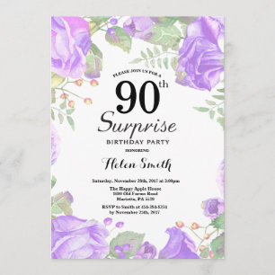 Convites 90 de Aniversário da Surpresa Floral Purple Botâni