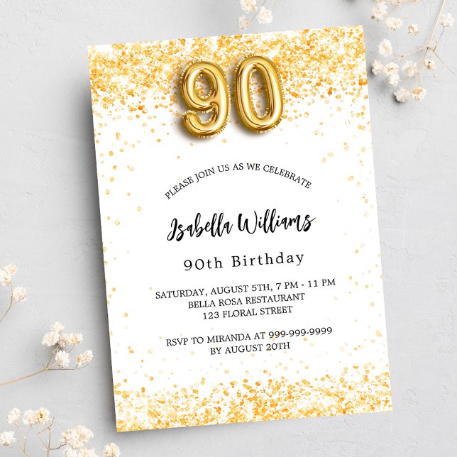 Convites 90 de aniversário de luxo branco de ouro (Criador carregado)