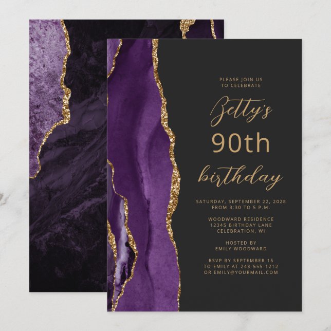Convites 90 de Aniversário do Agate Dourado Roxo (Frente/Verso)