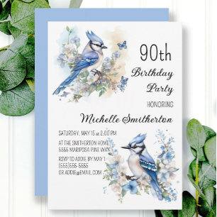 Convites 90 de Aniversário do Blue Jay Bird Flowers
