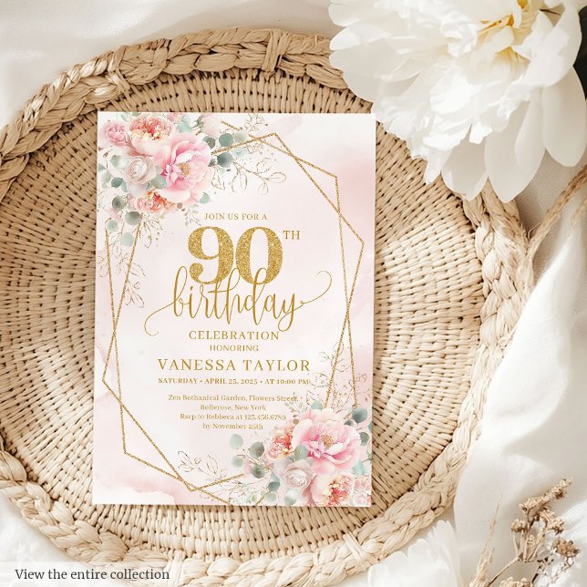 Convites 90 de Aniversário do Pastel Dourado Rosa Clássico (Classic Pastel Pink Gold Flowers 90th Birthday Invitation)