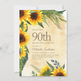 Convites 90 de Aniversário do Rustic Yellow Sunflower