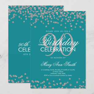 Convites 90 de Aniversário do Teal Silver Confetti