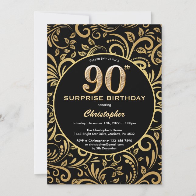 Convites 90 de Aniversário Negro e Dourado (Frente)