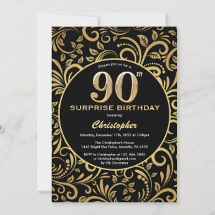 Convites 90 de Aniversário Negro e Dourado