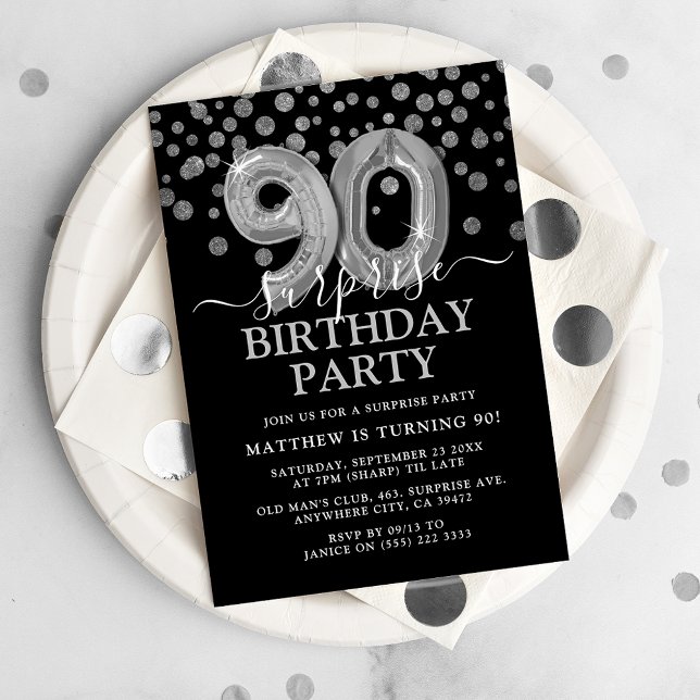 Convites 90 de de preto moderno e prata Festa de aniversári (Criador carregado)