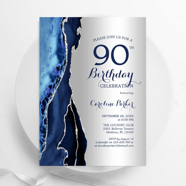 Convites 90 de Marinho Azul de  de Prata Aniversário (Criador carregado)