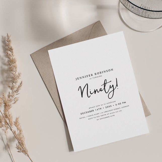 Convites 90 de Script Moderno Elegante Aniversário Preto e  (Elegant Modern Script 90th Birthday Black & White Invitation)