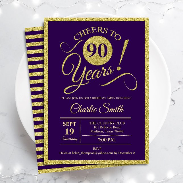 Convites 90 Festa de aniversário - Dourado Roxo EM QUALQUER (Criador carregado)