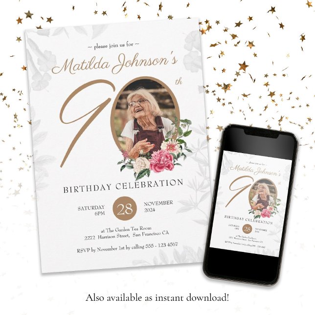 Convites 90 Floral, Aniversário, Branco, Dourado, Personali (Floral 90th Birthday White Gold Botanical Custom Invitation)