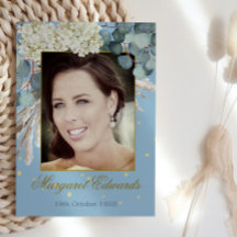 90 Floral Blue Dourado Foto Elegante Aniversário