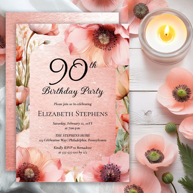 Convites 90 Floral das Populações Rosa Elegante (Elegant Pink Poppies Floral 90th Birthday Party Invitation - Print | Digital Download)