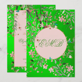 Convites 90 Floral Verde Elegante Rosa Monograma, Aniversár
